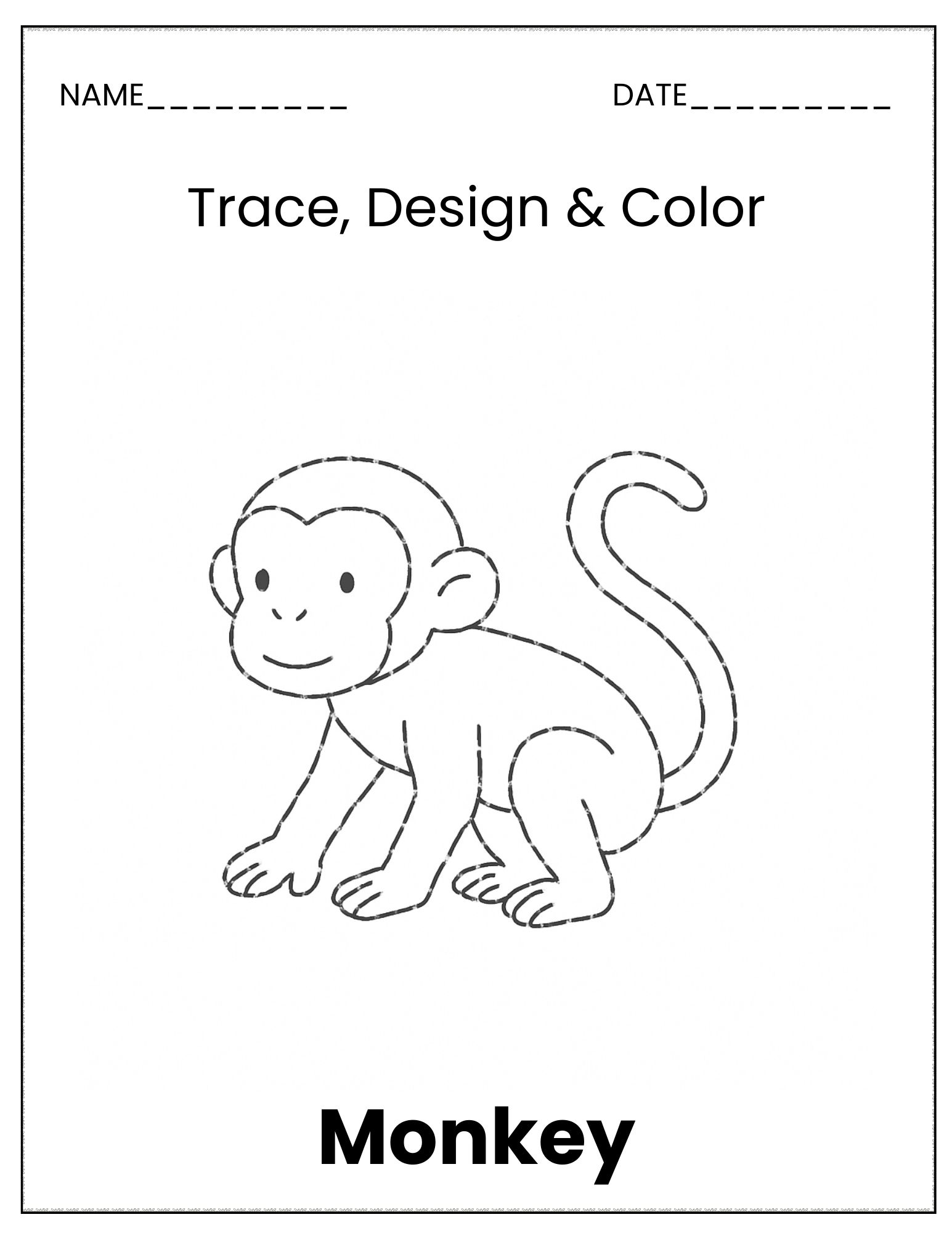 Jungle animals trace and colour sheet